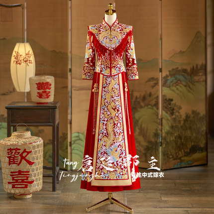 新款丝绒龙凤褂刺绣秀禾服女红色新娘迎亲出阁嫁衣高档显瘦敬酒服