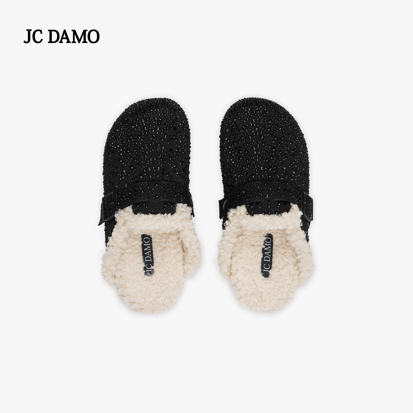 JC DAMO2025新款百搭水钻设计感时尚烫钻毛绒飞织勃肯拖鞋