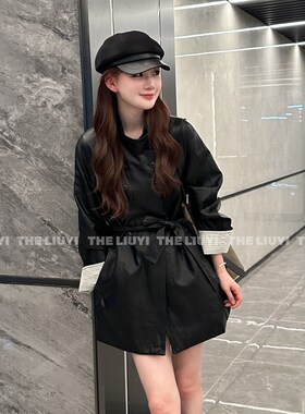 【LIUYI】北欧皮风衣~高级设计感收腰翻边皮衣外套58081