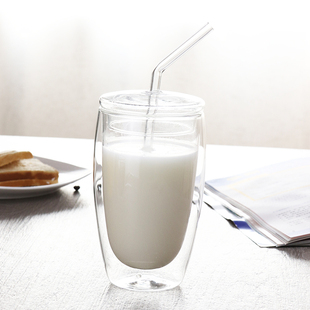 玻璃吸管杯双层隔热玻璃水杯带孔吸管盖子奶茶杯果汁饮料咖啡杯子
