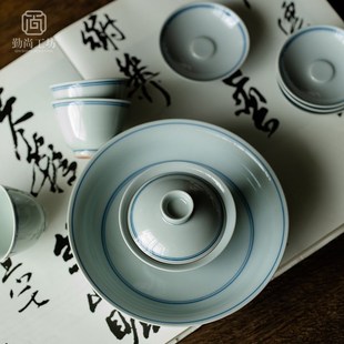 家用泡茶碗功夫茶具不烫手喝茶碗 仿古手绘双线二才盖碗壶承中式