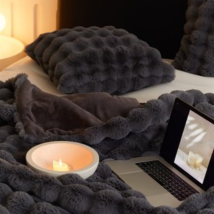 加厚沙发毯床尾巾 轻奢高端样板房兔毛皮草毛毯长毛午睡小毯子冬季