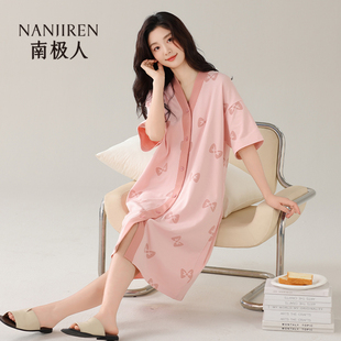 中长裙休闲宽松大码 南极人开衫 纯棉短袖 睡裙女款 甜美家居服裙 夏季