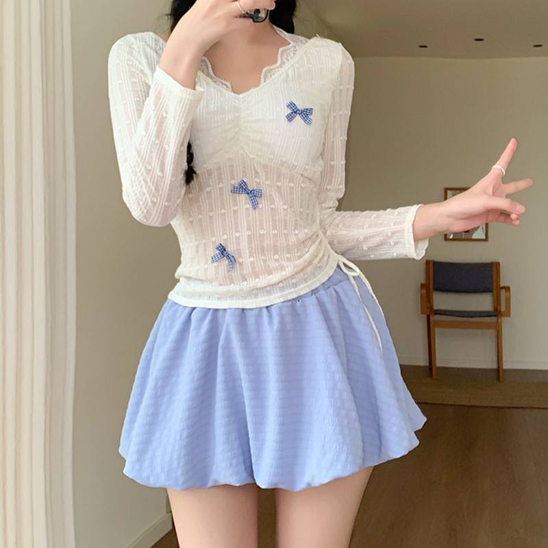 纯欲风甜美温泉度假长袖罩衣比基尼蓬蓬裙温泉少女蕾丝遮肉泳衣女