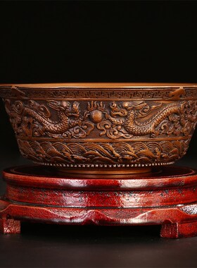 匠泽铜魂纯铜龙碗聚宝盆双龙戏珠摆件家居创意礼品摆设聚宝盆工艺