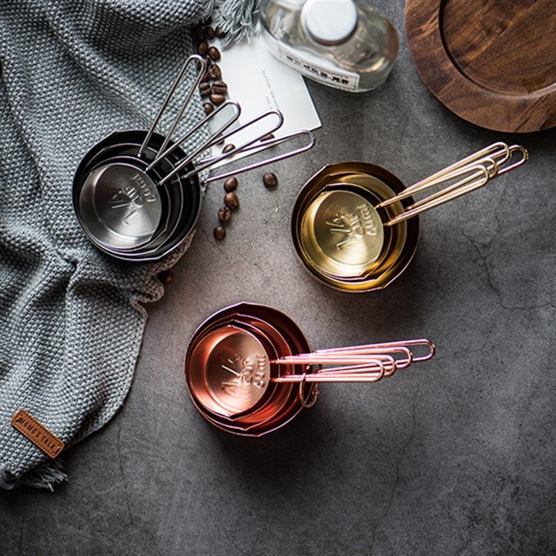 北欧风不锈钢量勺玫瑰金银色金色量杯四件套厨房烘焙用具美食摄影