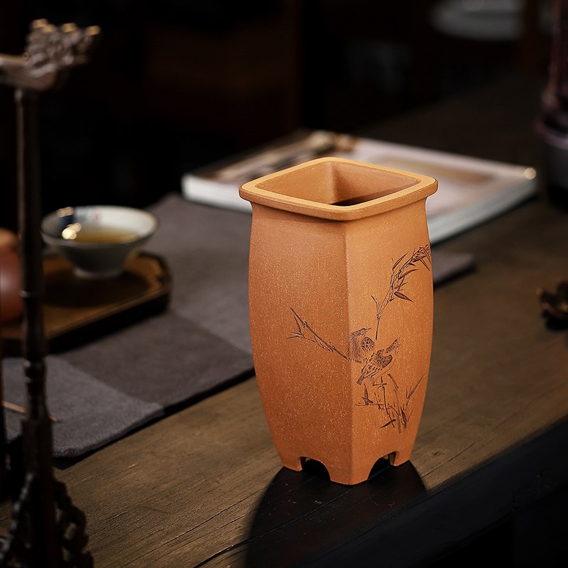 清香阁紫砂 程兴红全手工弧面四方 原矿降坡泥桌面摆件小盆景绿植