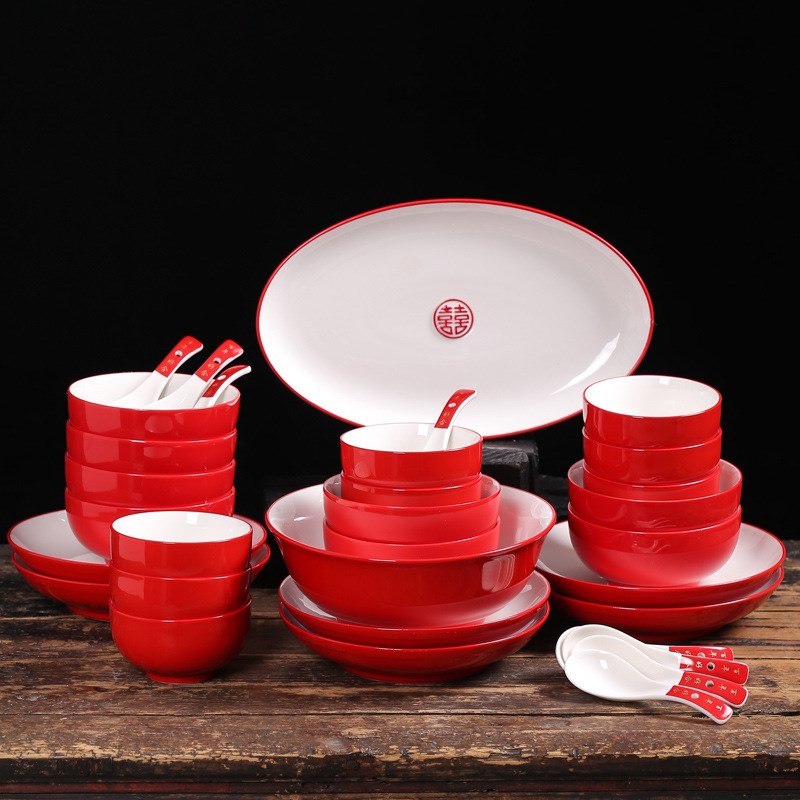 喜庆餐具套装结婚盘子大红碗陶瓷红喜盘子红色喜碗礼盒陪嫁礼物