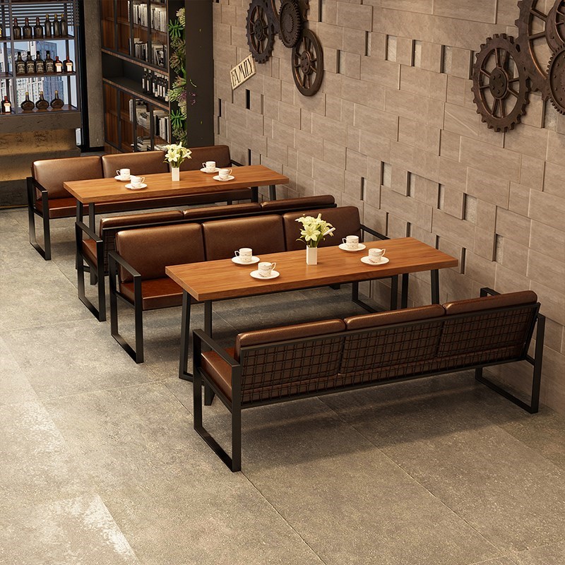 工业风咖啡厅卡座沙发休闲吧清吧酒吧奶茶店西餐厅实木餐桌椅组合