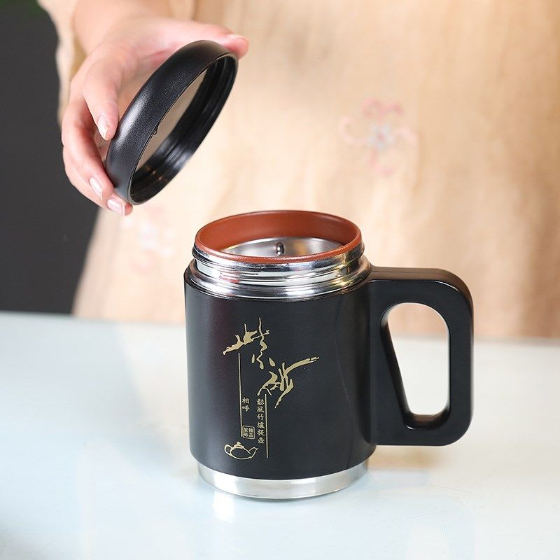 紫砂内胆保温杯带手柄男士款高级感办公室泡茶杯商务纪念礼品水杯