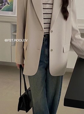 FST 黑色西装外套女秋季新款复古宽松高级感格纹休闲卡绿西服上衣