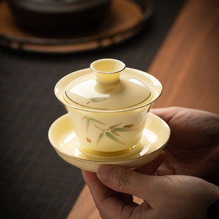 黄宝石陶瓷泡茶盖碗茶壶客厅家用办公功夫茶杯 羊脂玉茶具套装