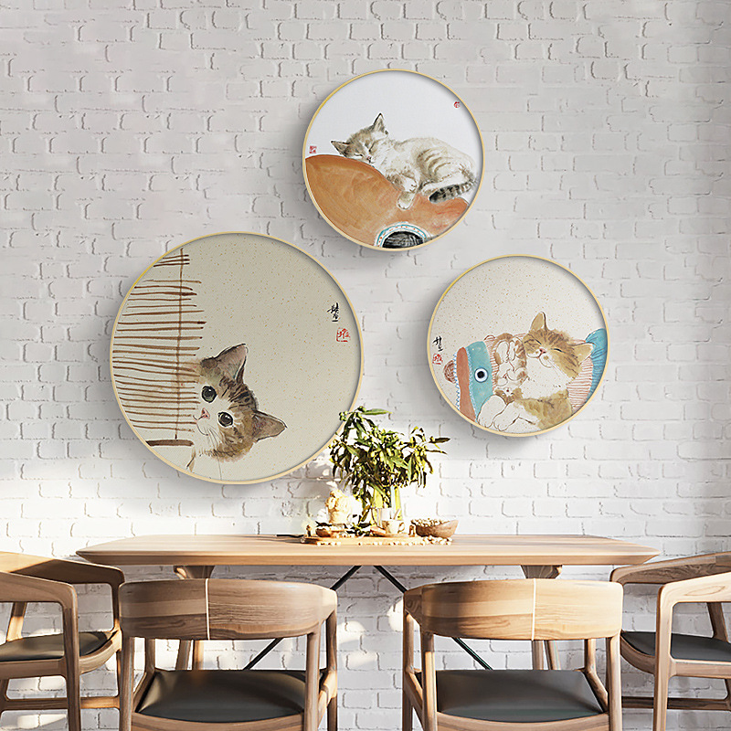 新中式装饰画卡通猫咪喷绘油画客厅沙发背景玄关墙上挂画圆形壁画图片