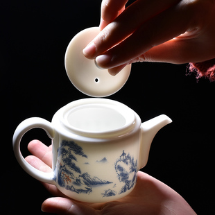精致泡茶器手抓壶单壶家用 羊脂玉茶壶陶瓷功夫茶具侧把壶实木日式