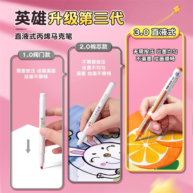英雄直液式丙烯马克笔软头不透色小学生美术绘画画笔可叠色24色笔