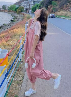 粉色工装背带裤女2024新款夏季薄款F学院风减龄小个子裤腿裤两件