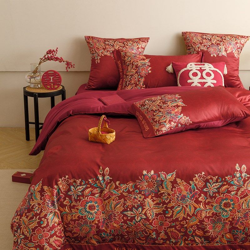 新中式印花结婚四件套2025新款红色床L单被套婚庆床上用品婚嫁,床上用品,婚庆床品套件,淘宝优惠券,粉丝福利购,淘宝优惠卷