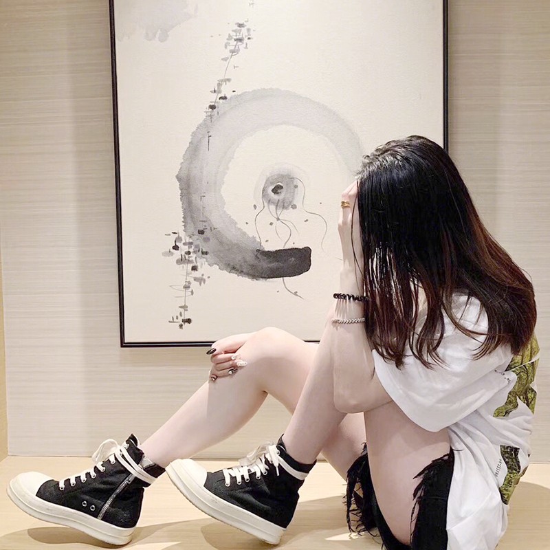 ro高帮鞋男帆布腊面主r线厚底黑色五芒星情侣鞋夏季潮鞋百搭短靴
