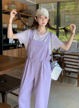 紫色日系俏皮清纯系背带裤r套装女2025年夏季新款小个子T恤两件套