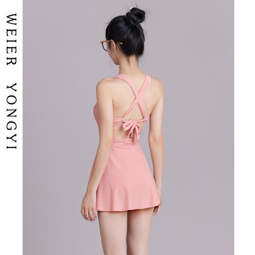 泳衣女连b体裙式小清晰少女交叉绑带遮肚显瘦收腰聚拢泡温泉游泳