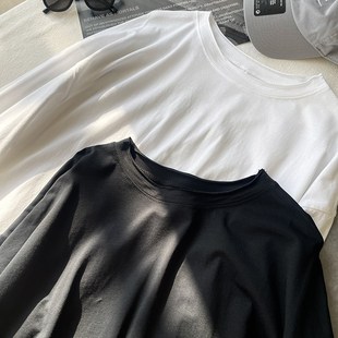 卷边白色长袖T恤女春季韩版宽松慵懒风百O搭中长款圆领打底衫