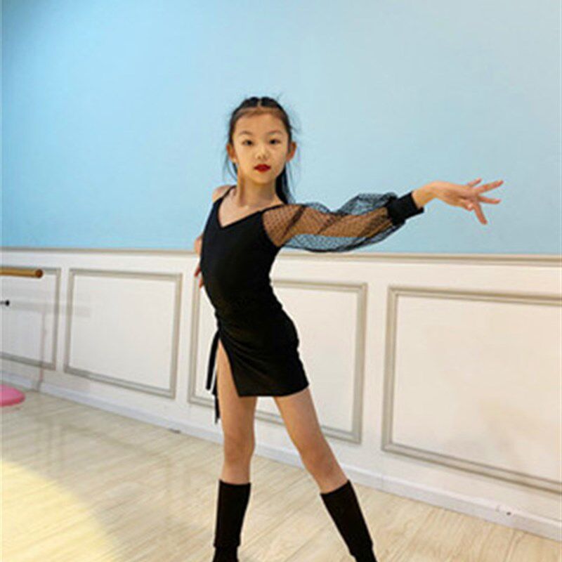 新款拉丁舞服女儿童练功服少儿拉丁舞蹈服黑色网纱单袖Y表演服班
