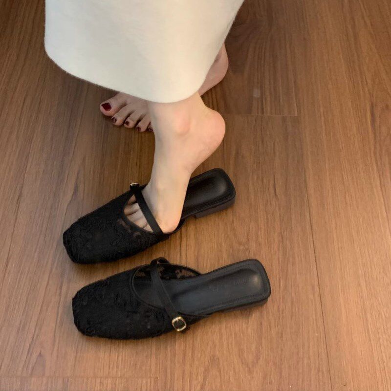 美拉德网红法式平底西亚气质包头半拖鞋女K外仙女网面凉鞋夏潮粗