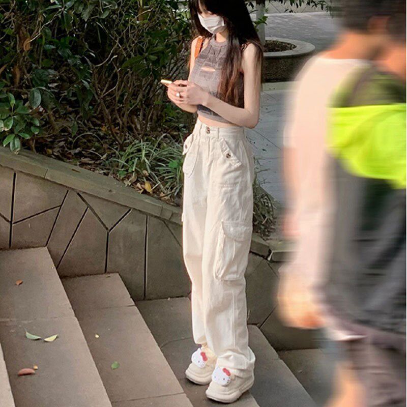 145xxs矮小个子白色牛仔工装裤春季2025年新款阔腿V裤直筒裤女九