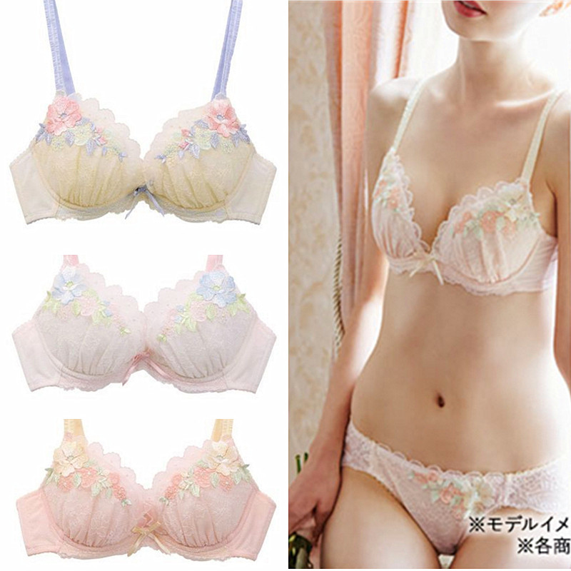 包邮日系重工刺绣水溶花甜美少女大文胸钢圈聚拢内衣套装70Y7580E