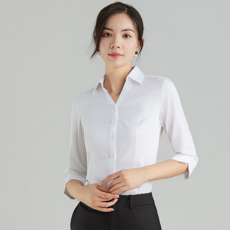 七分袖衬衫女职业工作服气t质正装弹力免烫工装长袖V领中袖白衬衣
