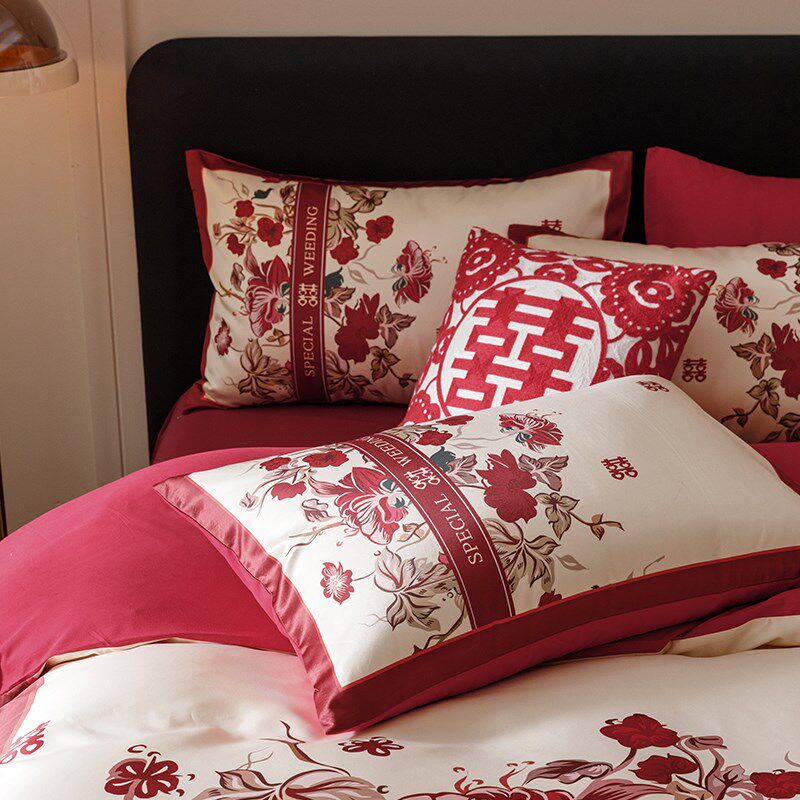 A类婚庆四件套大红喜被全棉中式印花结婚房嫁R礼床单床上用品4,床上用品,婚庆床品套件,淘宝优惠券,粉丝福利购,淘宝优惠卷