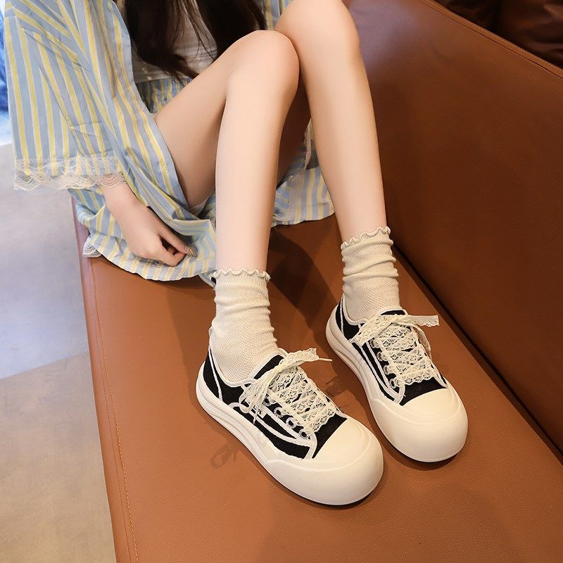 厚底帆布小白鞋女2025夏季新款百搭增高透气蕾丝T网面休闲运动板,女鞋,时尚休闲鞋,淘宝优惠券,粉丝福利购,淘宝优惠卷
