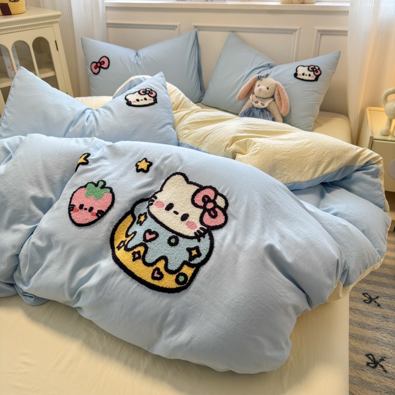 ins少女心蛋糕猫毛n巾绣水洗棉床上四件套可爱被套床单宿舍三件套