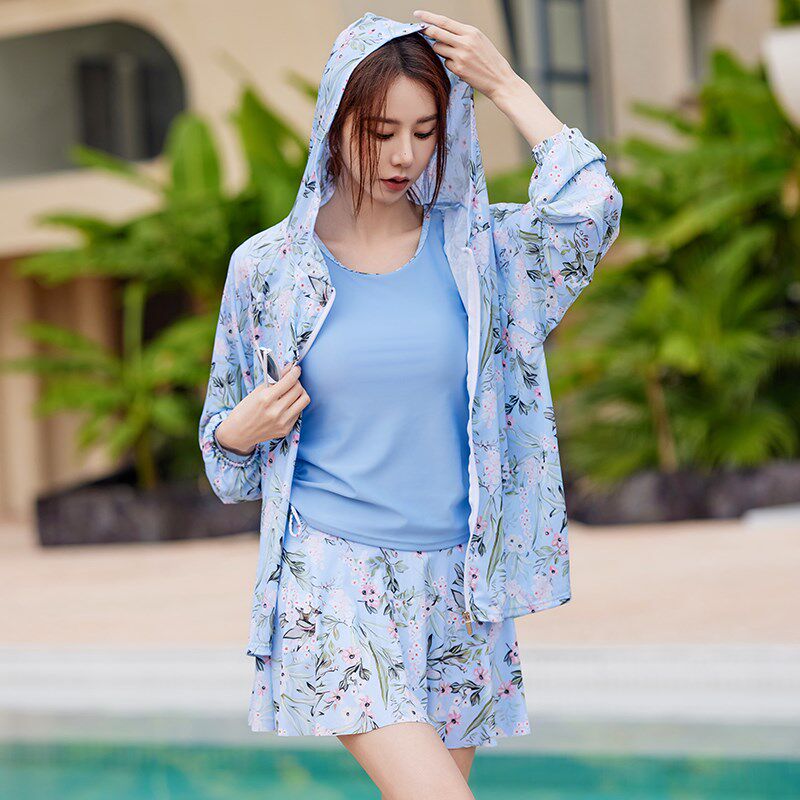 分体式三件套大码温泉泳衣女款分体裙式泳衣高级感长W袖罩衫胖MM