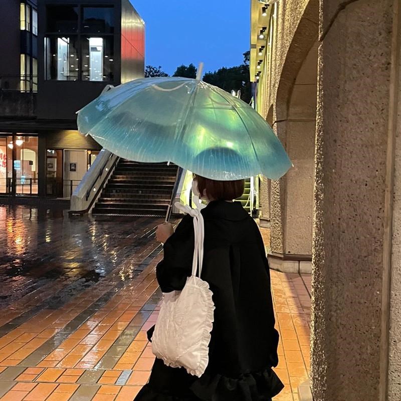 水母伞高颜值透j明长柄全自动日系加厚防风彩绘玻璃便携透明直柄