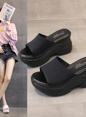 拖鞋女松糕一字凉鞋9CMr坡跟厚底防水台黑色2024夏季新款高跟女拖