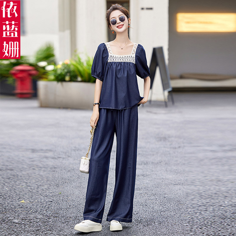 蕾丝拼接方领牛仔套装女夏20x24新款时尚洋气减龄显瘦阔腿裤两件