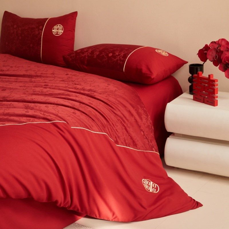 新中式长绒棉提花结婚四件套双囍被套大P红色婚庆床上用品,床上用品,婚庆床品套件,淘宝优惠券,粉丝福利购,淘宝优惠卷