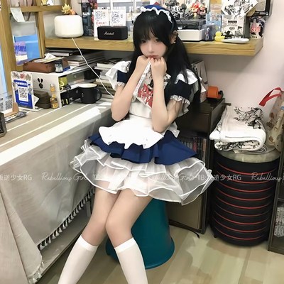 海盐甜心*日系可爱天使女仆装cos服软萌少女Lolita绀色狗短连衣裙