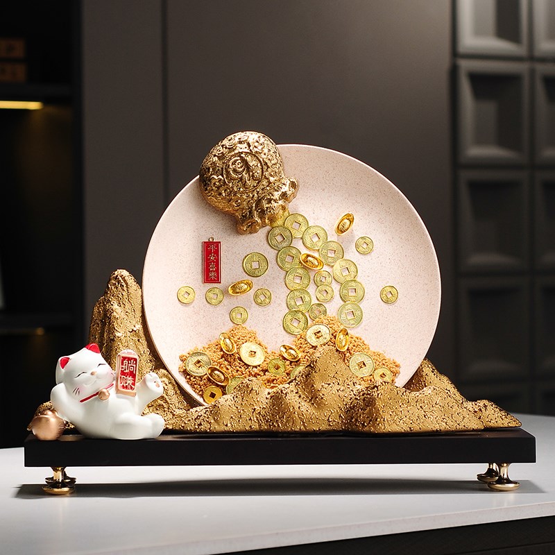 招财猫摆件客厅招财流沙画玄关装饰品背靠金山银山乔迁新居礼品