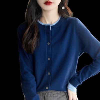 2025春季新款假两件拼色针织衫开衫外套洋气小众针织圆领上衣外搭