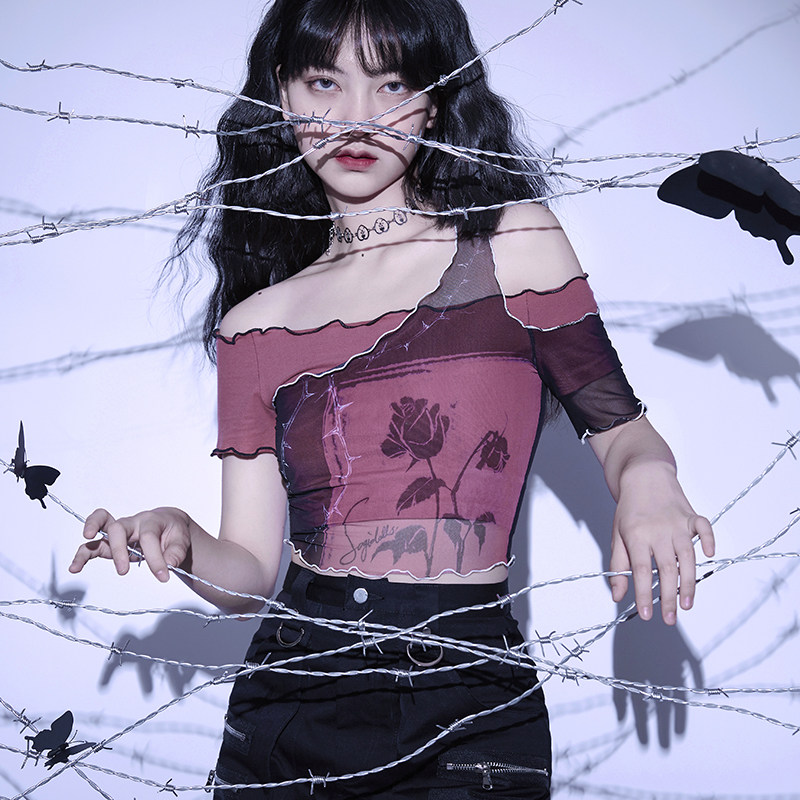 SagiDolls少女斗志 #极夜凋零#暗黑砖红玫瑰不对称短袖网纱上衣辣,女装/女士精品,T恤,淘宝优惠券,粉丝福利购,淘宝优惠卷