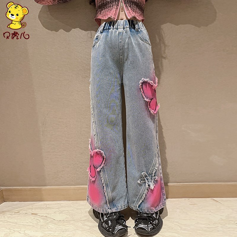 女童裤子秋冬加绒2024新款中大童休闲直筒阔腿女孩秋季儿童牛仔裤