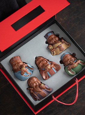 创意紫砂福禄寿喜财摆件五福财神爷家居装饰品店铺开业乔迁送礼品