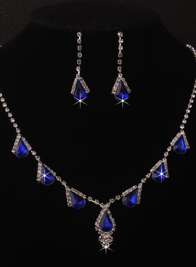 新款新娘蓝色水钻项链耳环套装婚纱饰品结婚配饰结婚套链礼服韩式