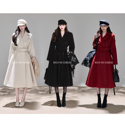 赫本风收腰大裙摆长款毛呢大衣