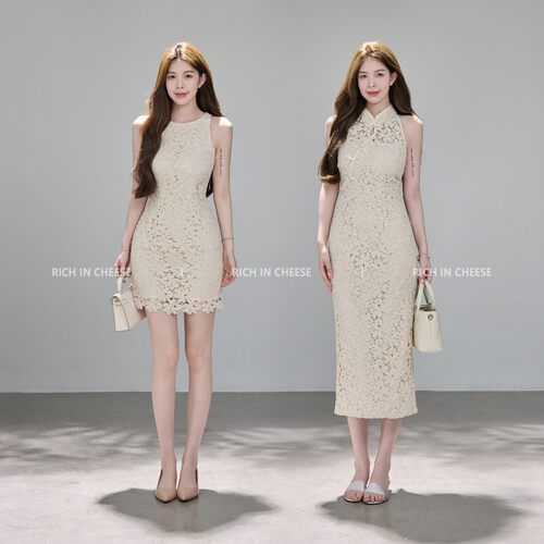 舒胡蕾 初脂玉白 100棉夏季法式茶歇雕花肌理感蕾丝收腰连衣裙