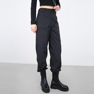 2024新款冬季休闲裤阔腿裤束脚美式高腰显瘦裤子黑色工装裤女款