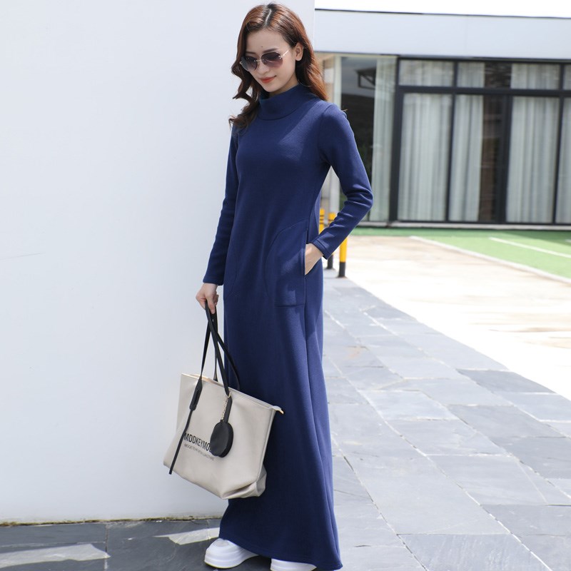 秋冬加绒加厚连衣裙2024新款高领卫衣气质超长拖地高端大码打底裙