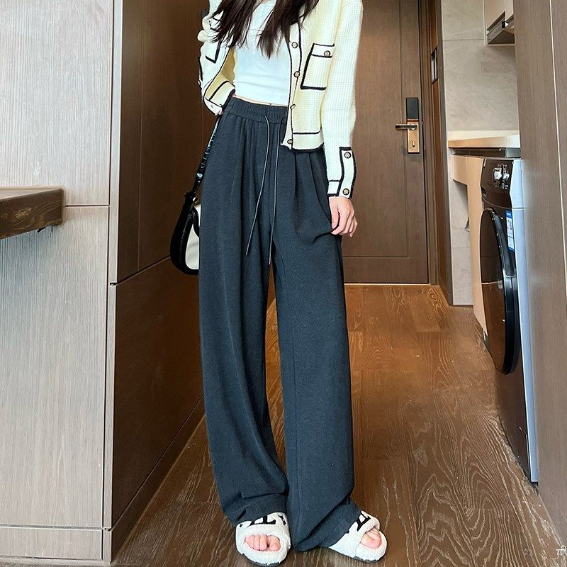 白色春秋冬季阔腿裤女高腰垂感拖地加绒糯米休闲针织山本直筒裤